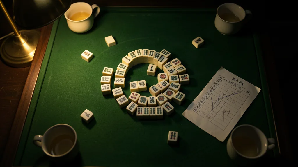 Mahjong tiles on a green felt table beside a handwritten score sheet
